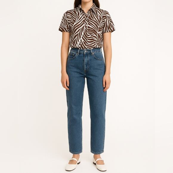 Vintage Tops - 90s TANJAY Sheer Palm Print Button-Up Shirt | 6 | Brown White  | Retro Resort